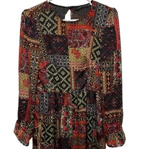 Zara Velvet Patchwork Boho Midi Long Sleeve Dress